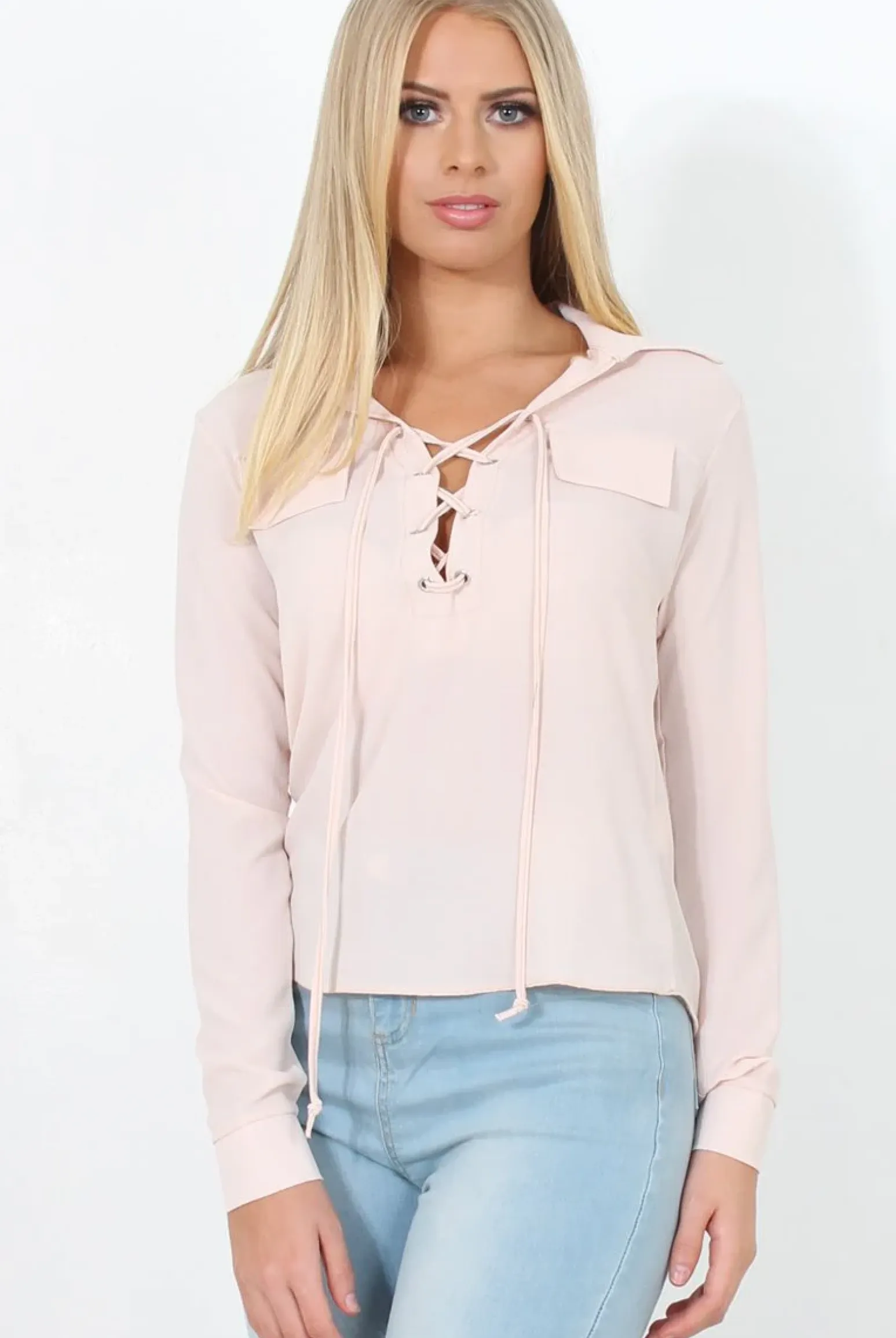 Rebellious Fashion Nude Tie Front Blouse - Becky