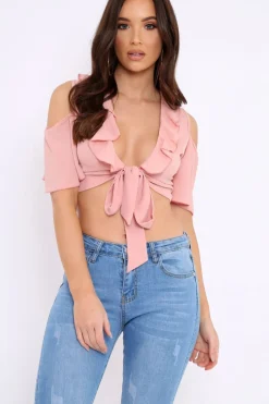 Rebellious Fashion Nude Tie Front Cold Shoulder Crepe Crop Top - Dalia