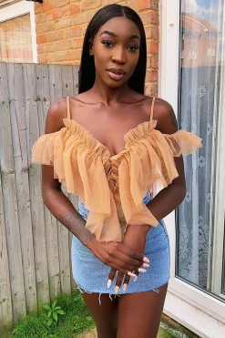 Rebellious Fashion Nude Tulle Ruffle Bodysuit - Irelia