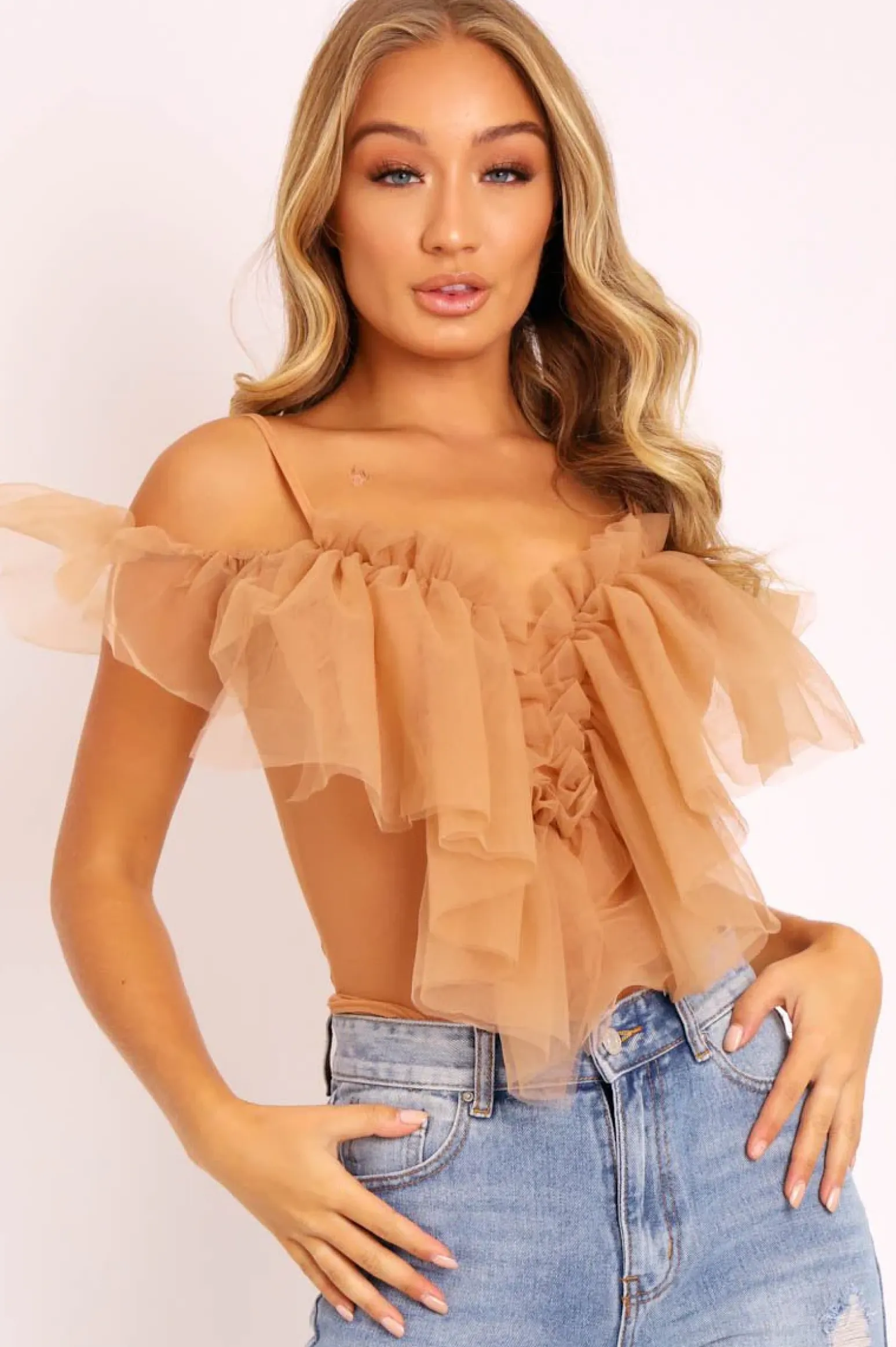Rebellious Fashion Nude Tulle Ruffle Bodysuit - Irelia