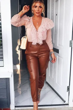 Rebellious Fashion Nude Tulle Ruffle Plunge Bodysuit - Jolie