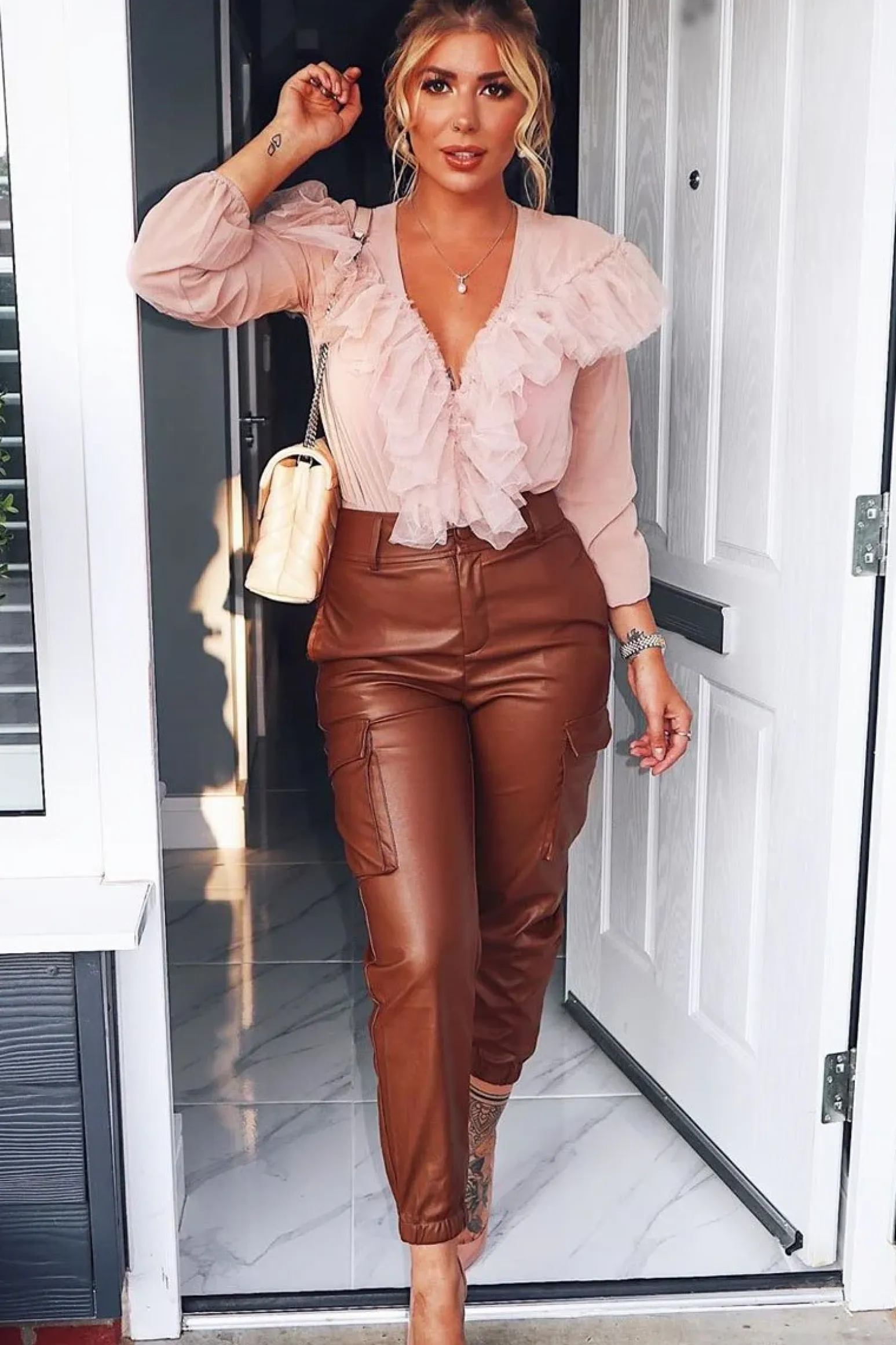 Rebellious Fashion Nude Tulle Ruffle Plunge Bodysuit - Jolie