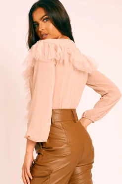 Rebellious Fashion Nude Tulle Ruffle Plunge Bodysuit - Jolie