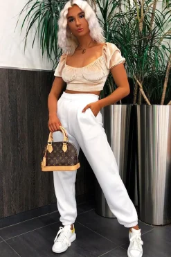 Rebellious Fashion Nude Velvet Puff Sleeve Milkmaid Crop Top - Erina