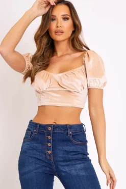 Rebellious Fashion Nude Velvet Puff Sleeve Milkmaid Crop Top - Erina