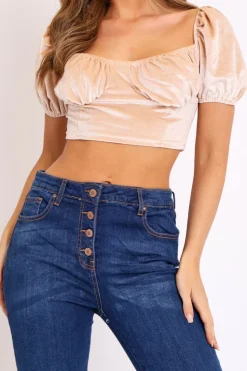 Rebellious Fashion Nude Velvet Puff Sleeve Milkmaid Crop Top - Erina