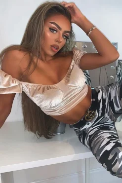 Rebellious Fashion Nude Velvet Puff Sleeve Milkmaid Crop Top - Erina