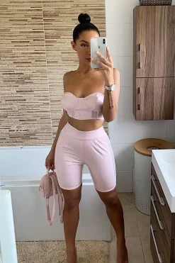 Rebellious Fashion Nude Vinyl Bandeau Cycling Shorts Co-Ord - Giselle
