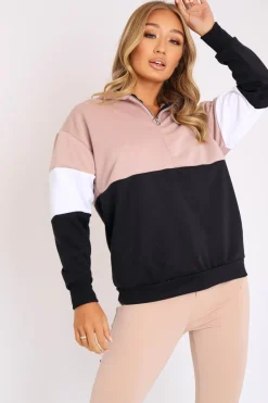 Rebellious Fashion Nude White Black Stripe Zip Front Hoodie - Tyra
