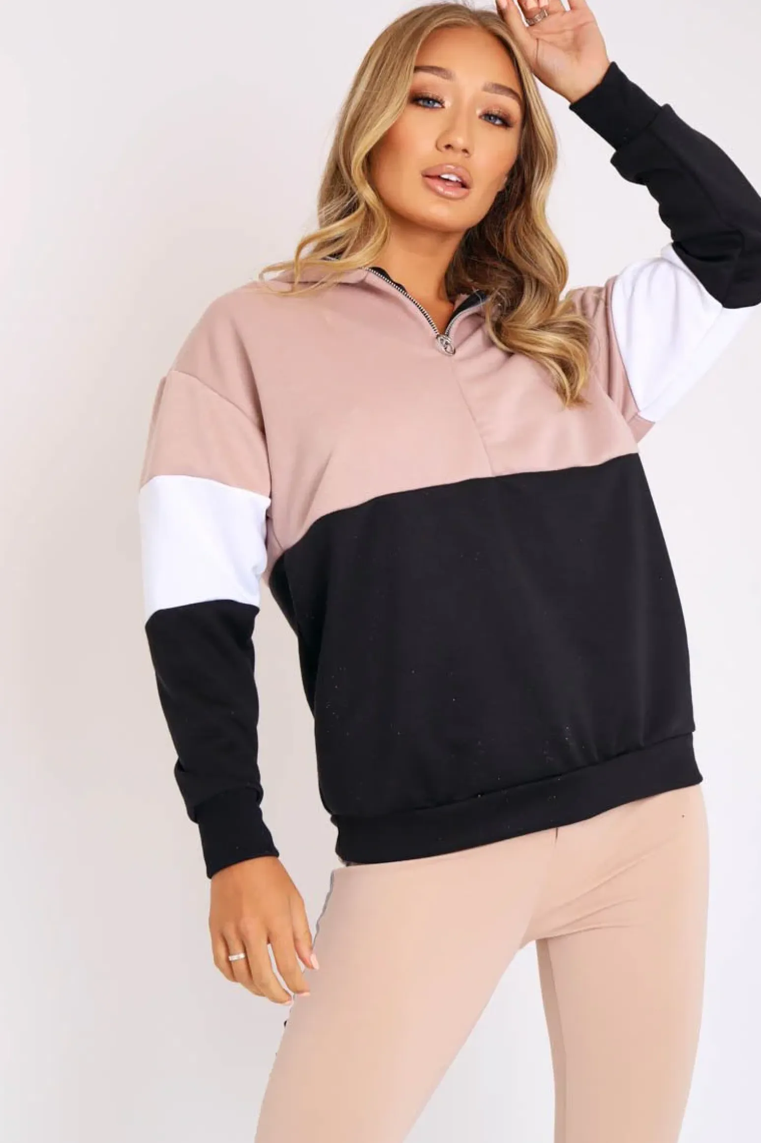 Rebellious Fashion Nude White Black Stripe Zip Front Hoodie - Tyra