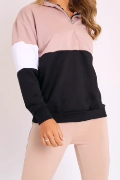 Rebellious Fashion Nude White Black Stripe Zip Front Hoodie - Tyra