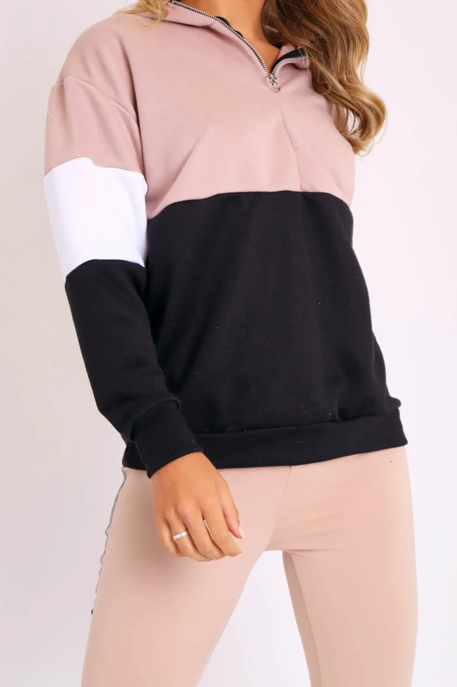 Rebellious Fashion Nude White Black Stripe Zip Front Hoodie - Tyra