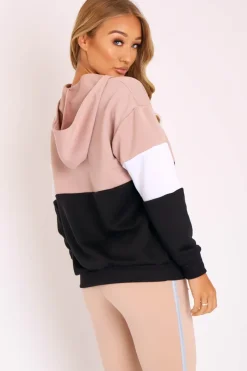 Rebellious Fashion Nude White Black Stripe Zip Front Hoodie - Tyra