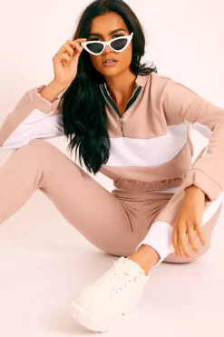 Rebellious Fashion Nude White Stripe Cuff Bottom Tracksuit Co-ord - Nadie