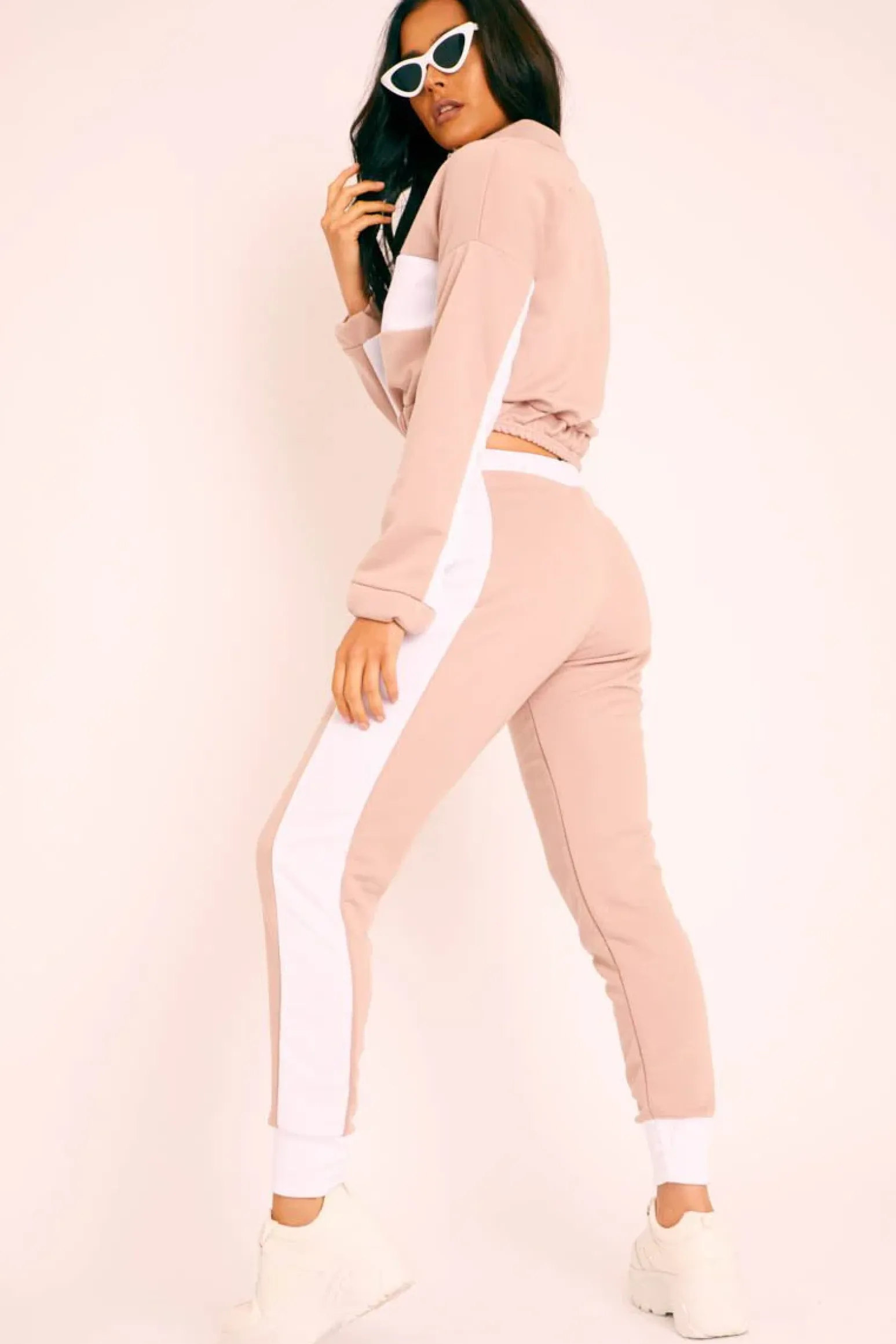Rebellious Fashion Nude White Stripe Cuff Bottom Tracksuit Co-ord - Nadie