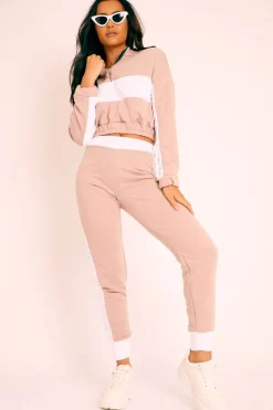 Rebellious Fashion Nude White Stripe Cuff Bottom Tracksuit Co-ord - Nadie
