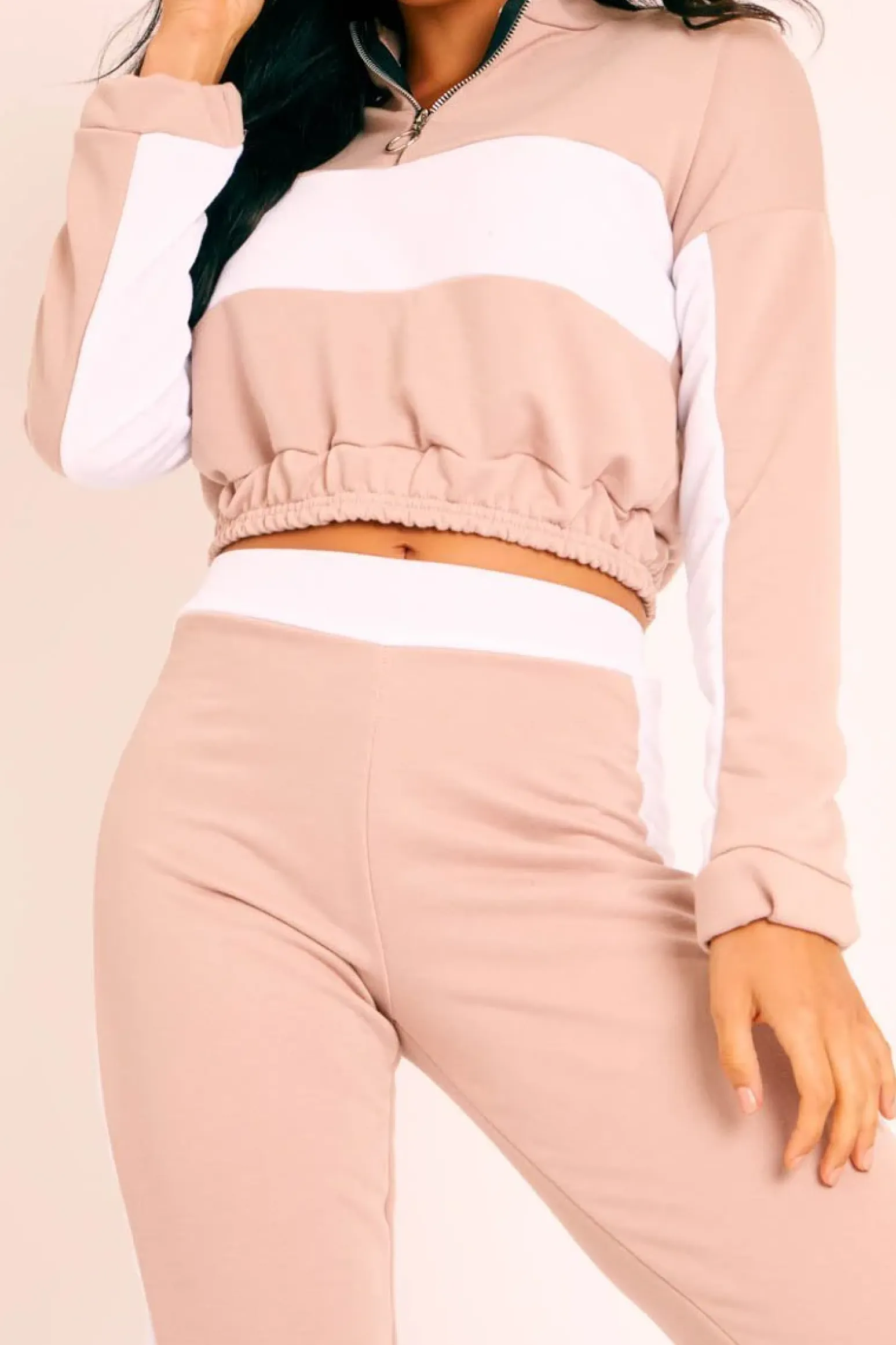 Rebellious Fashion Nude White Stripe Cuff Bottom Tracksuit Co-ord - Nadie