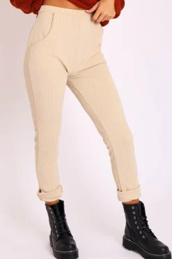 Rebellious Fashion Nude White Stripe Tapered Pocket Detail Trousers - Priyah
