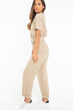 Rebellious Fashion Nude Woven Button Front Belted Jumpsuit - Suzanna