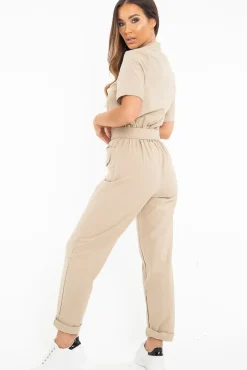 Rebellious Fashion Nude Woven Button Front Belted Jumpsuit - Suzanna