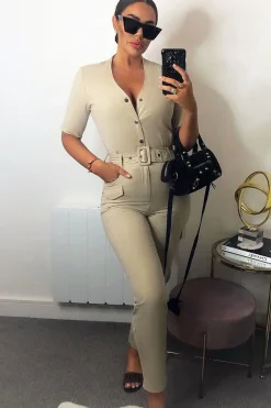 Rebellious Fashion Nude Woven Button Front Belted Jumpsuit - Suzanna
