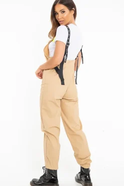 Rebellious Fashion Nude Woven Leather Eyelet Detail Cuffed Dungarees - Sigrid