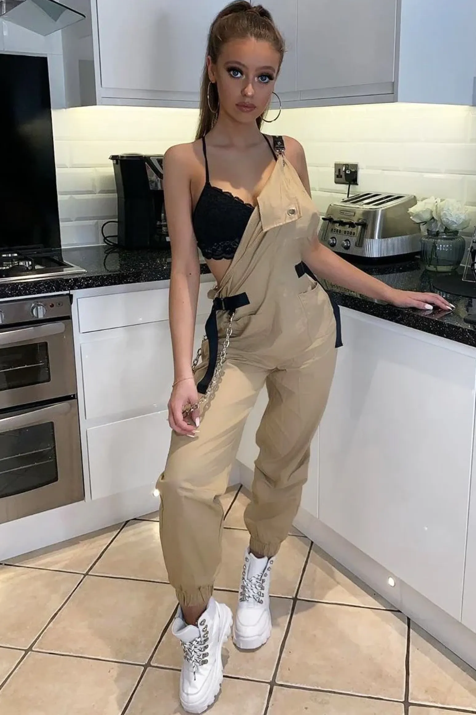 Rebellious Fashion Nude Woven Leather Eyelet Detail Cuffed Dungarees - Sigrid
