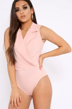 Rebellious Fashion Nude Wrap Front Blazer Style Bodysuit - Leiana