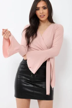 Rebellious Fashion Nude Wrap Over Tie Front Crop Top - Ella