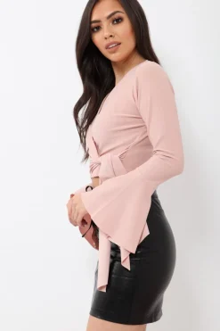 Rebellious Fashion Nude Wrap Over Tie Front Crop Top - Ella