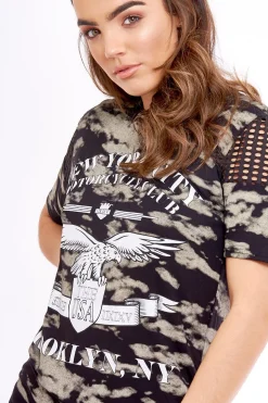 Rebellious Fashion NYC Army Style Laser Cut T-Shirt Dress - Tiffany