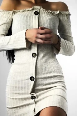 Rebellious Fashion Oatmeal Rib Bardot Button Mini Dress - Dailin