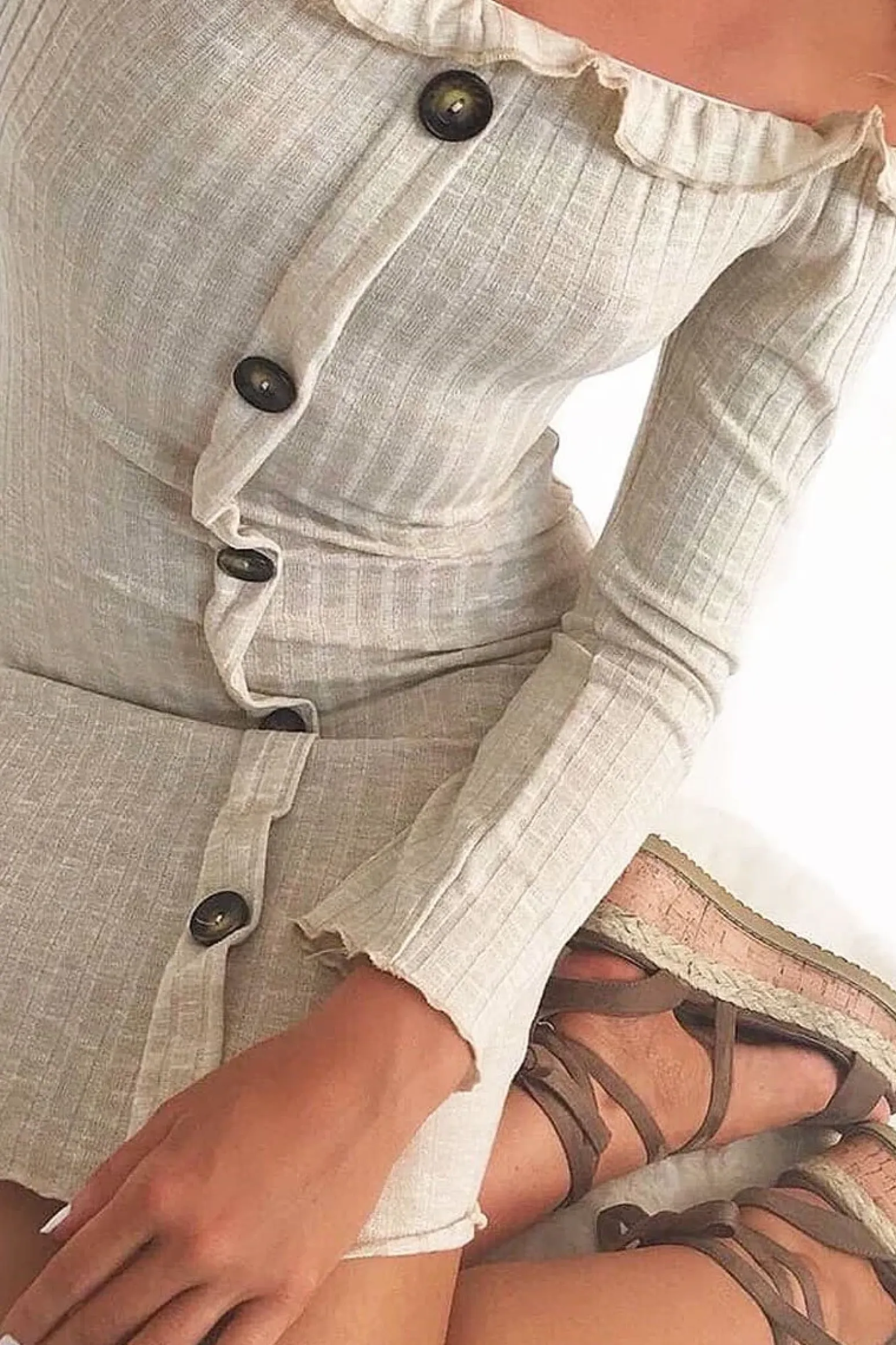 Rebellious Fashion Oatmeal Rib Bardot Button Mini Dress - Dailin