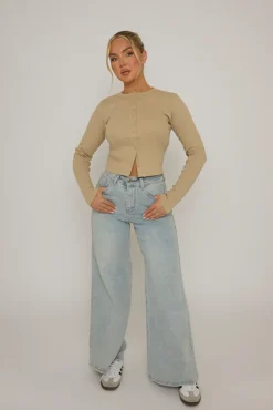 Rebellious Fashion Oatmeal Rib Button Front Top - Helena