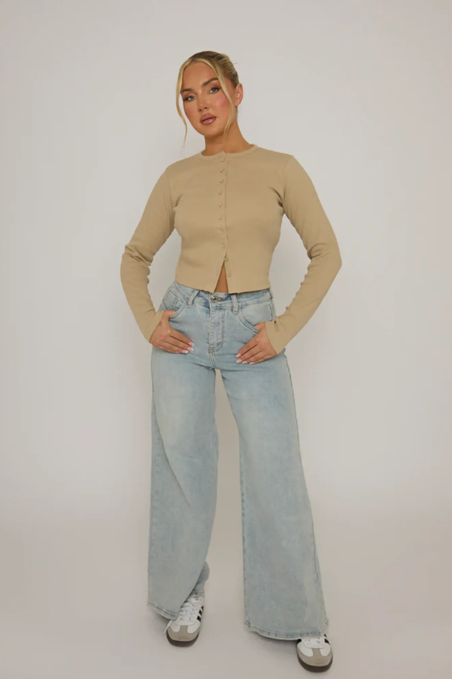 Rebellious Fashion Oatmeal Rib Button Front Top - Helena