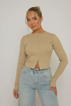 Rebellious Fashion Oatmeal Rib Button Front Top - Helena