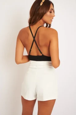 Rebellious Fashion Off White Tailored Pleat Front Belted Shorts - Immi