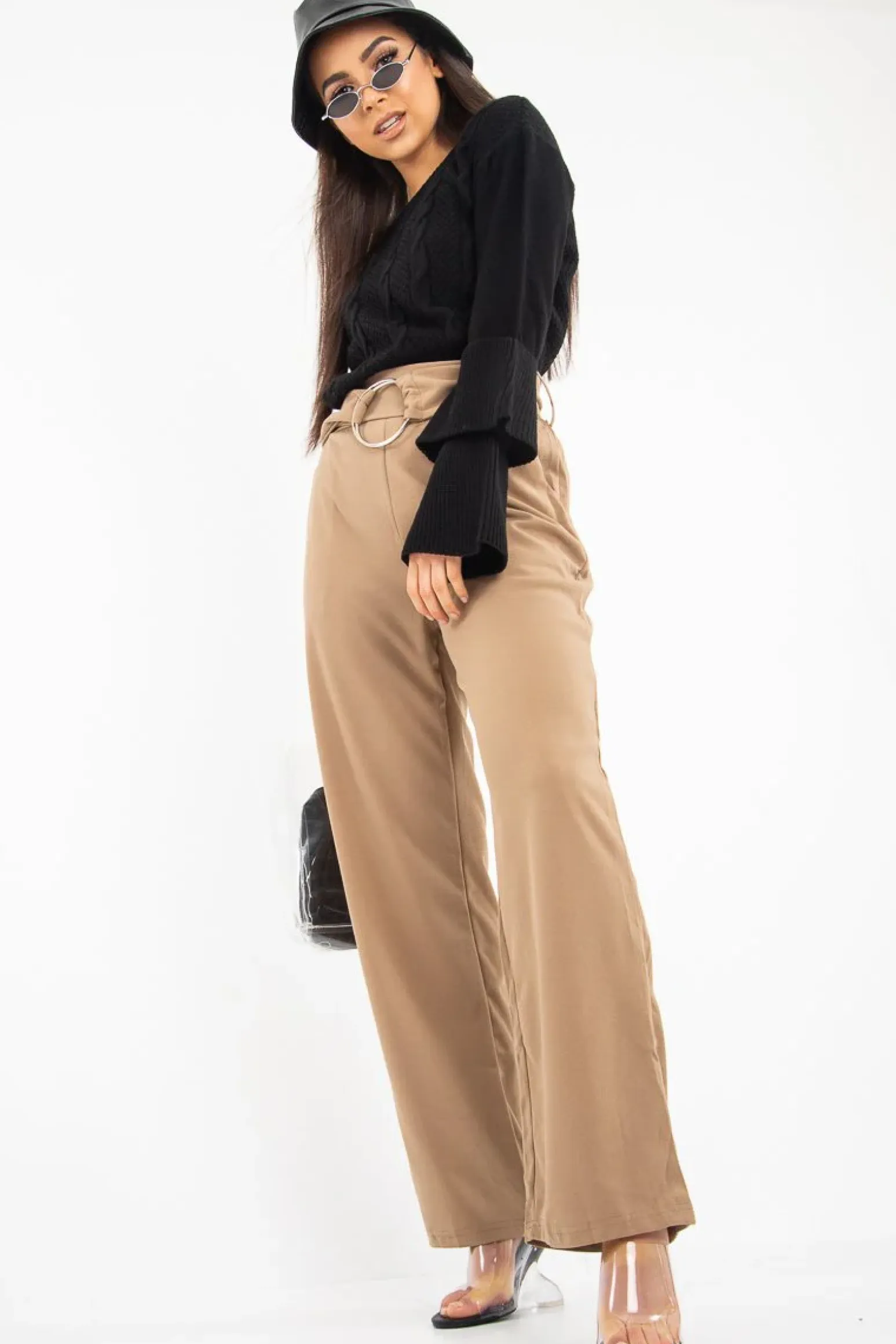 Rebellious Fashion Olive Crepe Wide Leg O Ring Belted Trousers - Jaselle