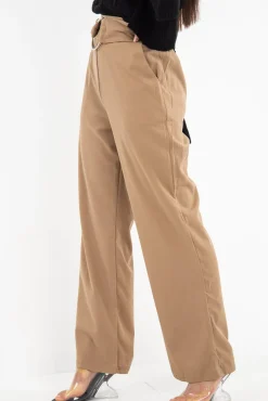 Rebellious Fashion Olive Crepe Wide Leg O Ring Belted Trousers - Jaselle