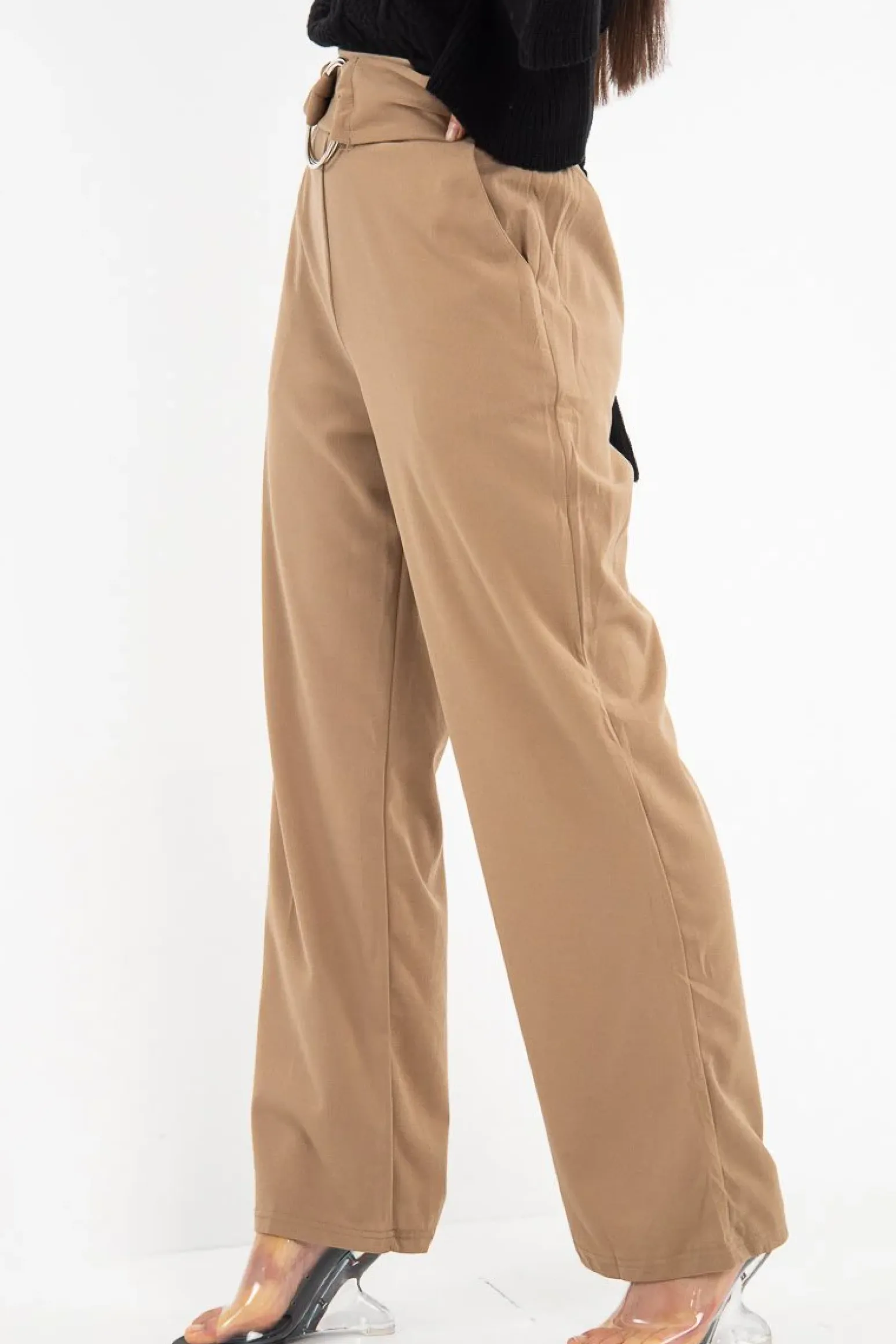 Rebellious Fashion Olive Crepe Wide Leg O Ring Belted Trousers - Jaselle
