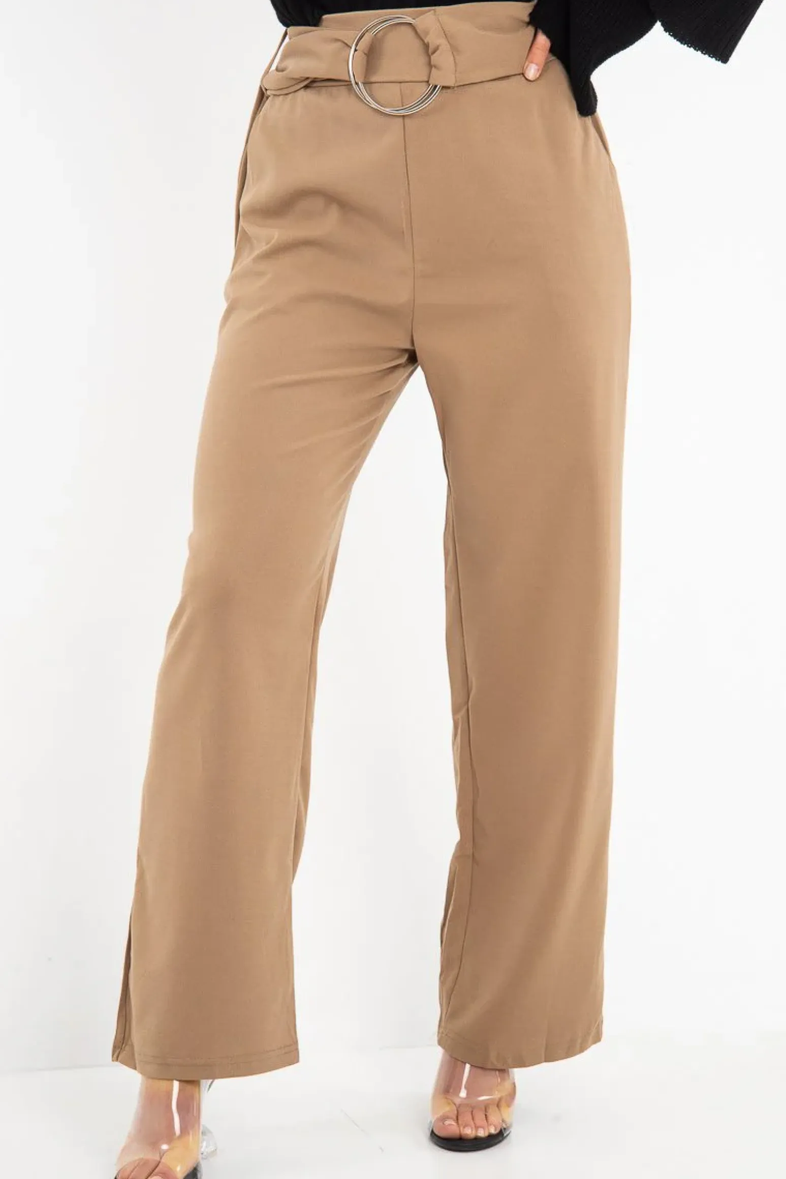 Rebellious Fashion Olive Crepe Wide Leg O Ring Belted Trousers - Jaselle