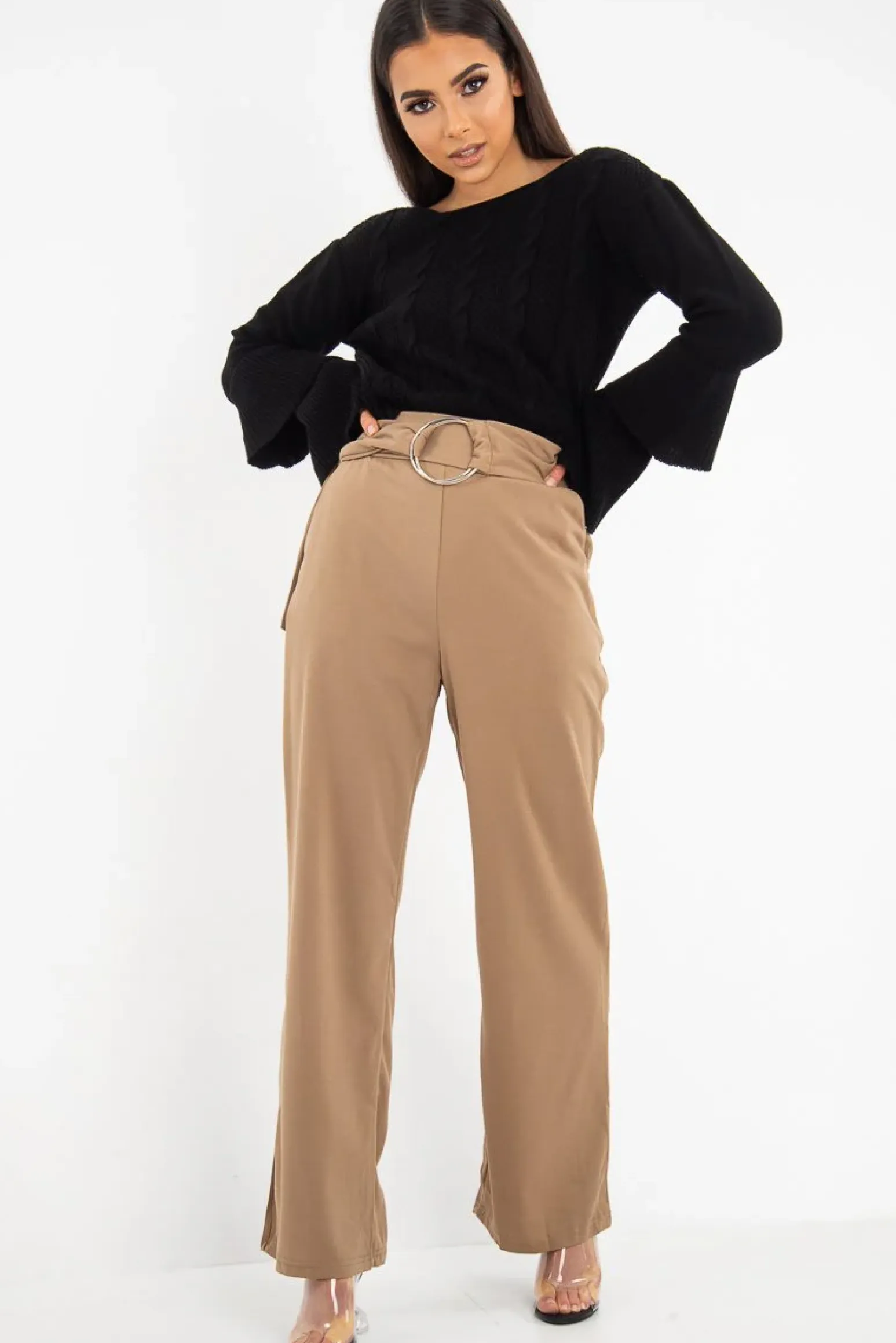 Rebellious Fashion Olive Crepe Wide Leg O Ring Belted Trousers - Jaselle