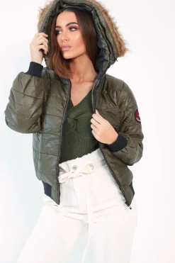 Rebellious Fashion Olive Faux Fur Hooded Puffer Coat - Kamorah