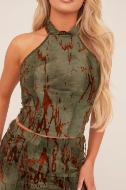 Rebellious Fashion Olive Flock Print High Neck Top & Mini Skirt Co-ord Set - Arianne