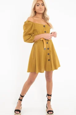 Rebellious Fashion Olive Green Button Front Skater Dress - Candice