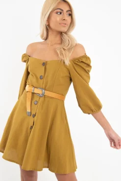 Rebellious Fashion Olive Green Button Front Skater Dress - Candice