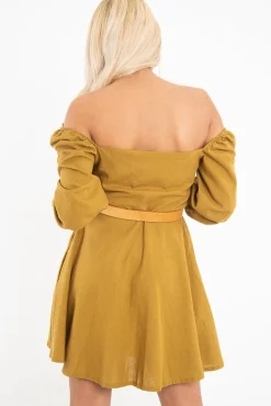Rebellious Fashion Olive Green Button Front Skater Dress - Candice