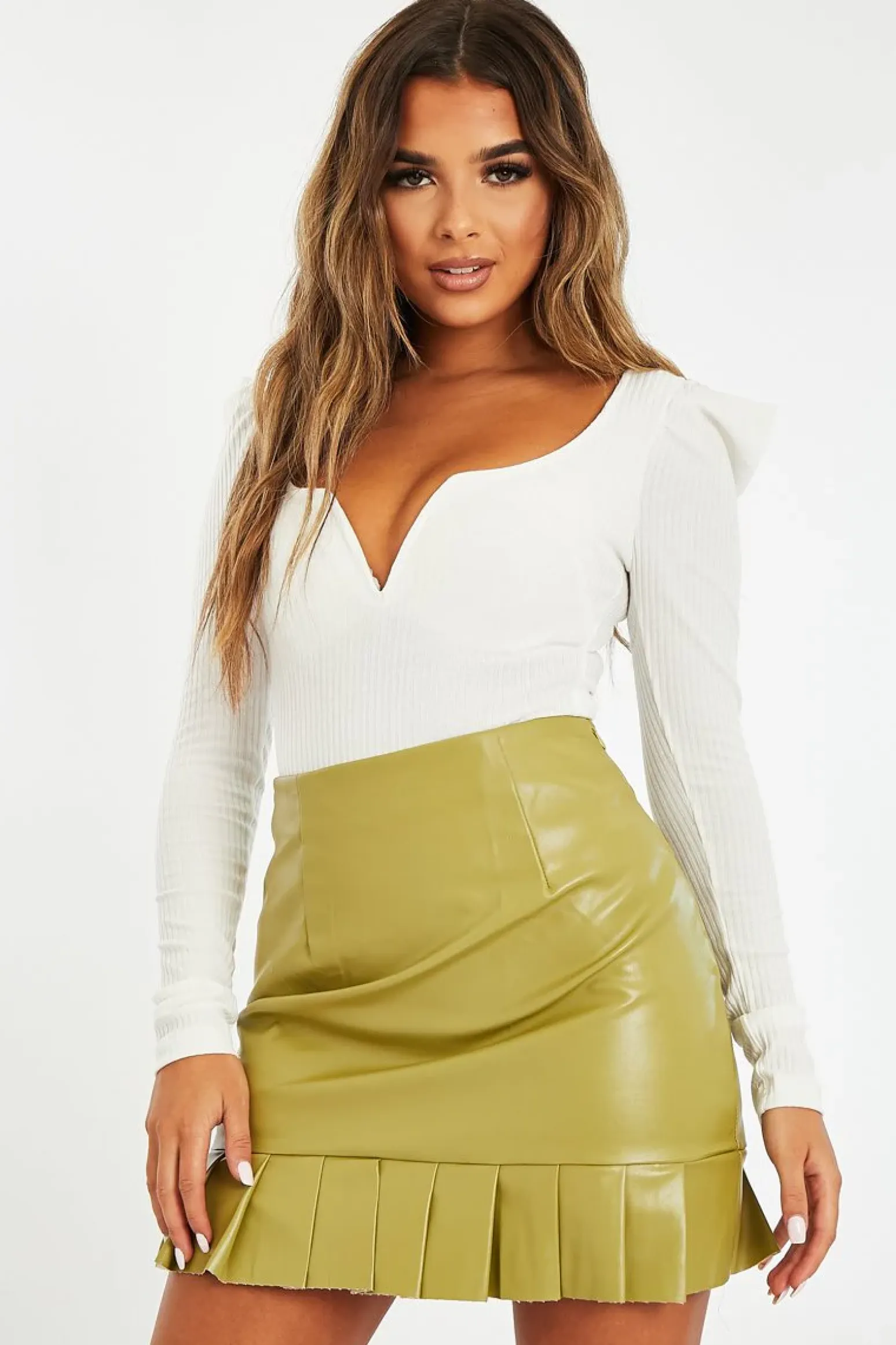 Rebellious Fashion Olive Green Pleat Hem Faux Leather Mini Skirt - Irena
