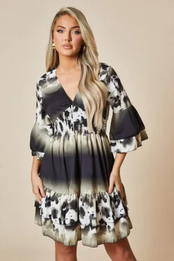 Rebellious Fashion Olive Leopard Print Frill Detail Flared Dress - Junko