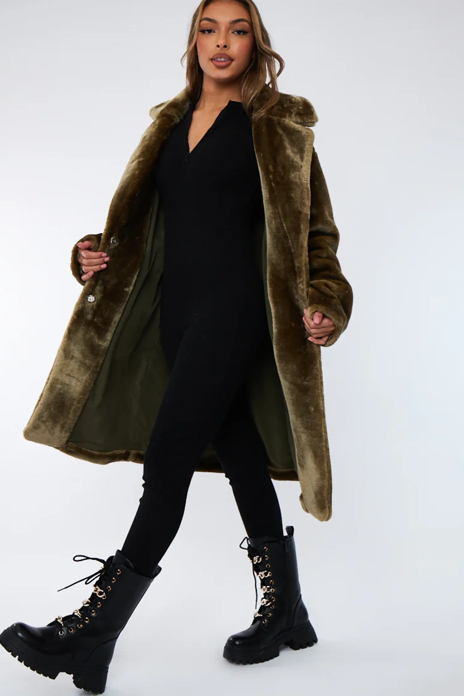 Rebellious Fashion Olive Mid Length Faux Fur Coat - North